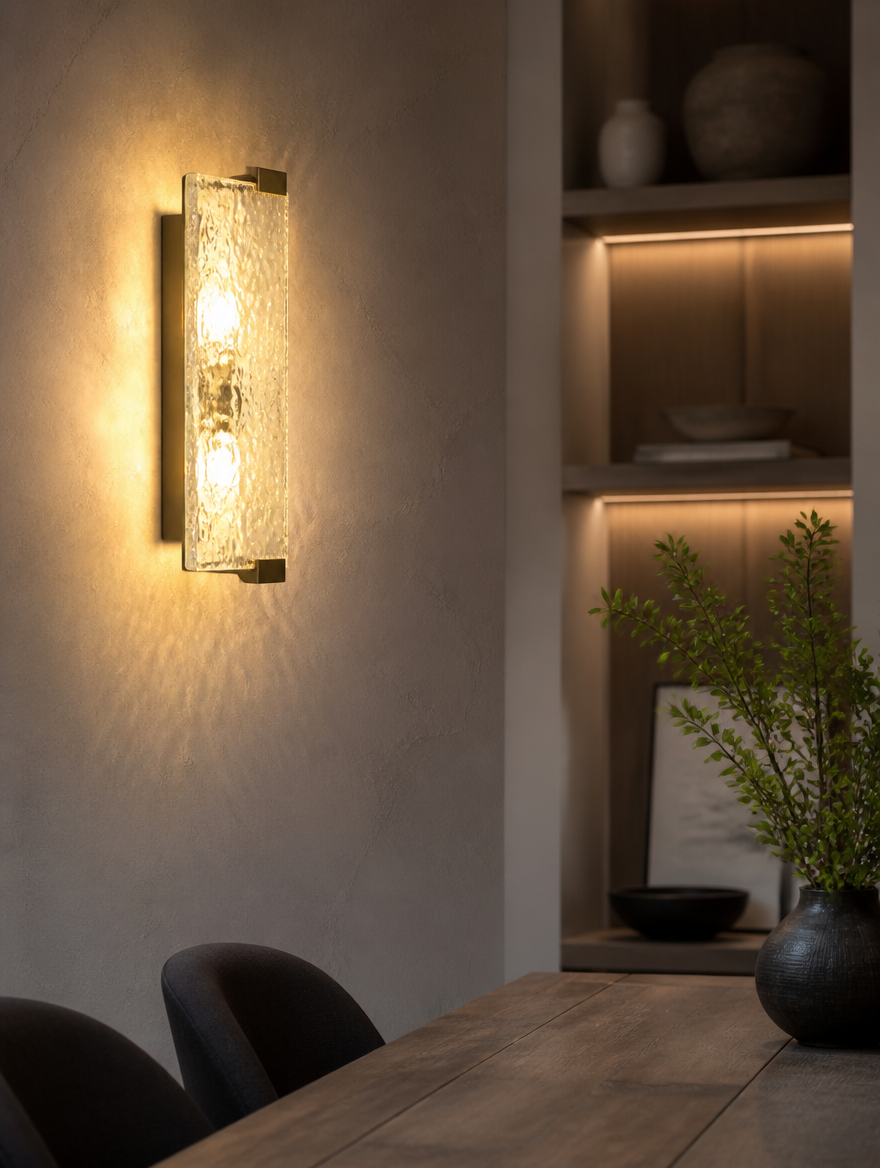 Water ripple glass wall sconce in dining room