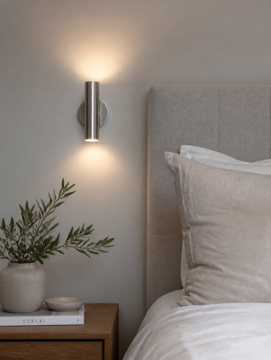 Aluminum wall sconce beside bed headboard