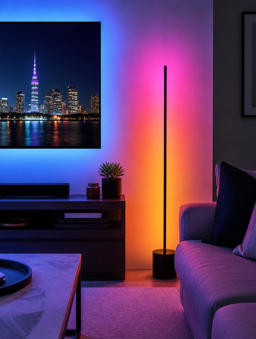 RGB color-changing floor lamp in modern living room