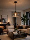 Modern pendant light over living room seating area