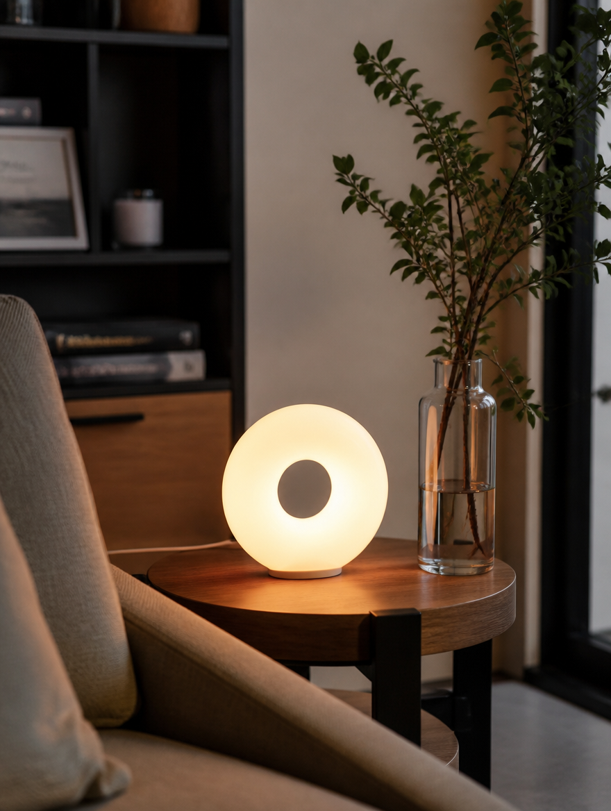 Donut LED lamp on side table in living room