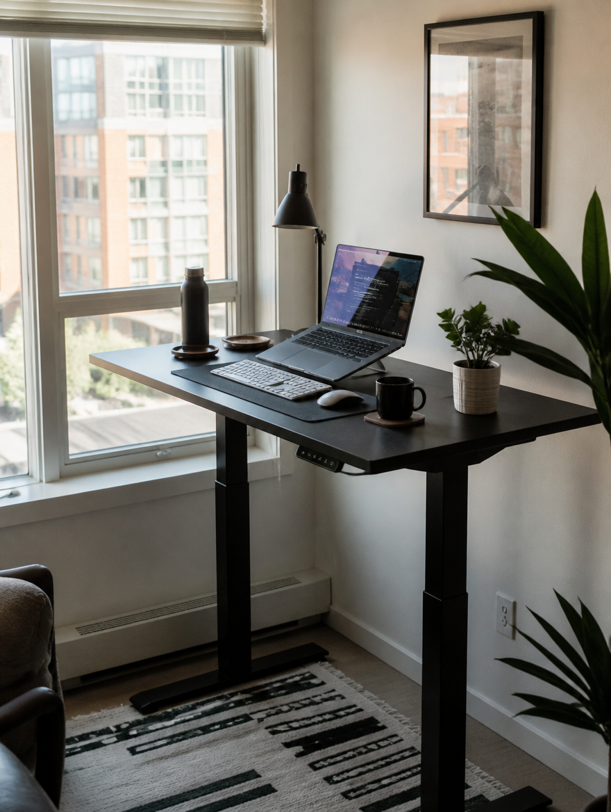 Standing desk beside window in apartment