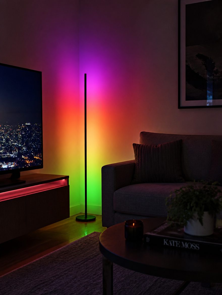 RGB floor lamp in dark living room