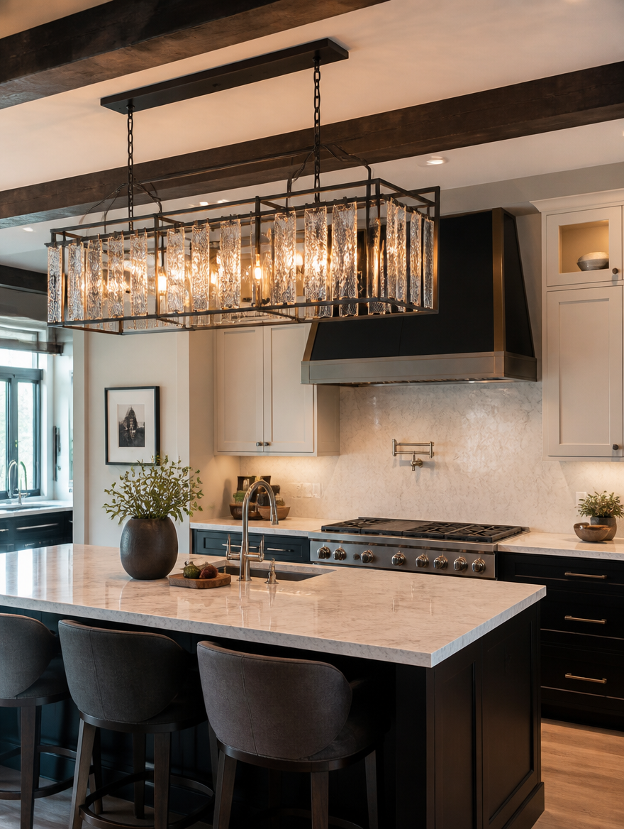 Metal and glass chandelier above kitchen island