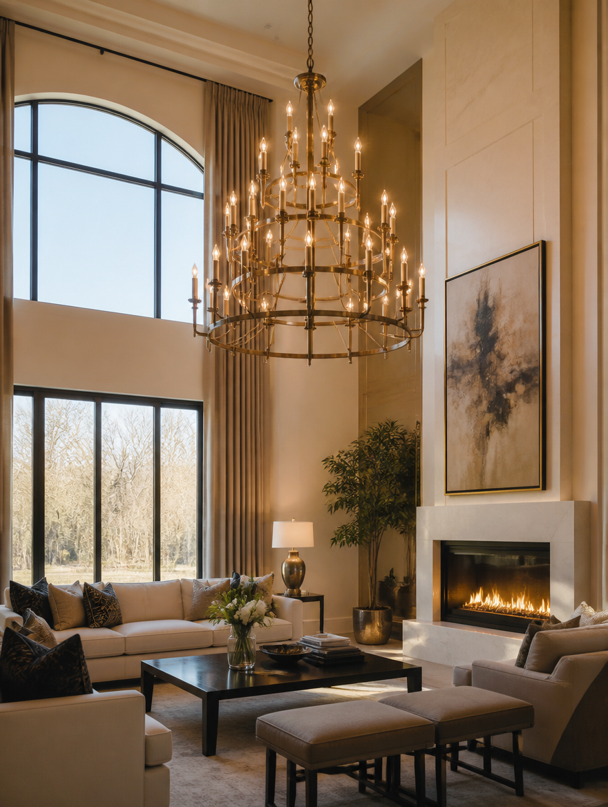 Elegant chandelier in grand living room