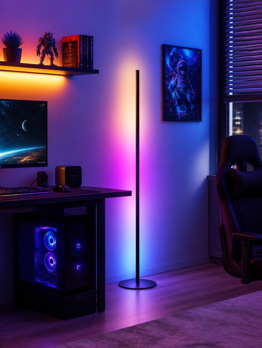 Dream color LED floor lamp in gaming room