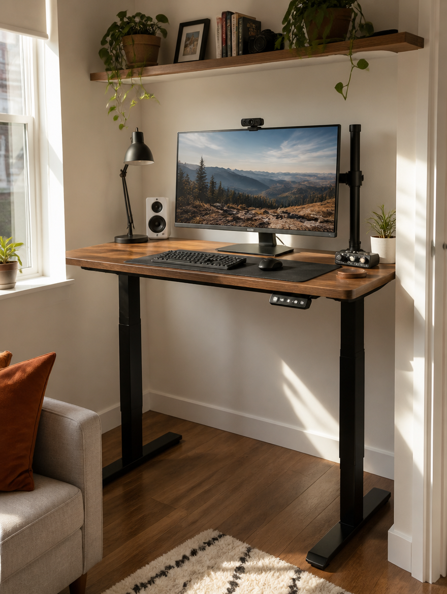 Standing desk in studio apartment corner
