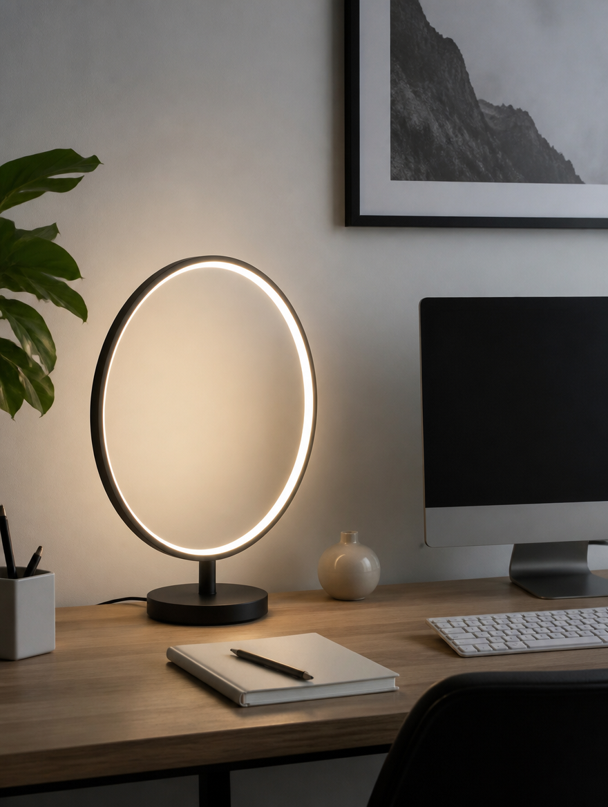 Donut LED lamp on desk in home office