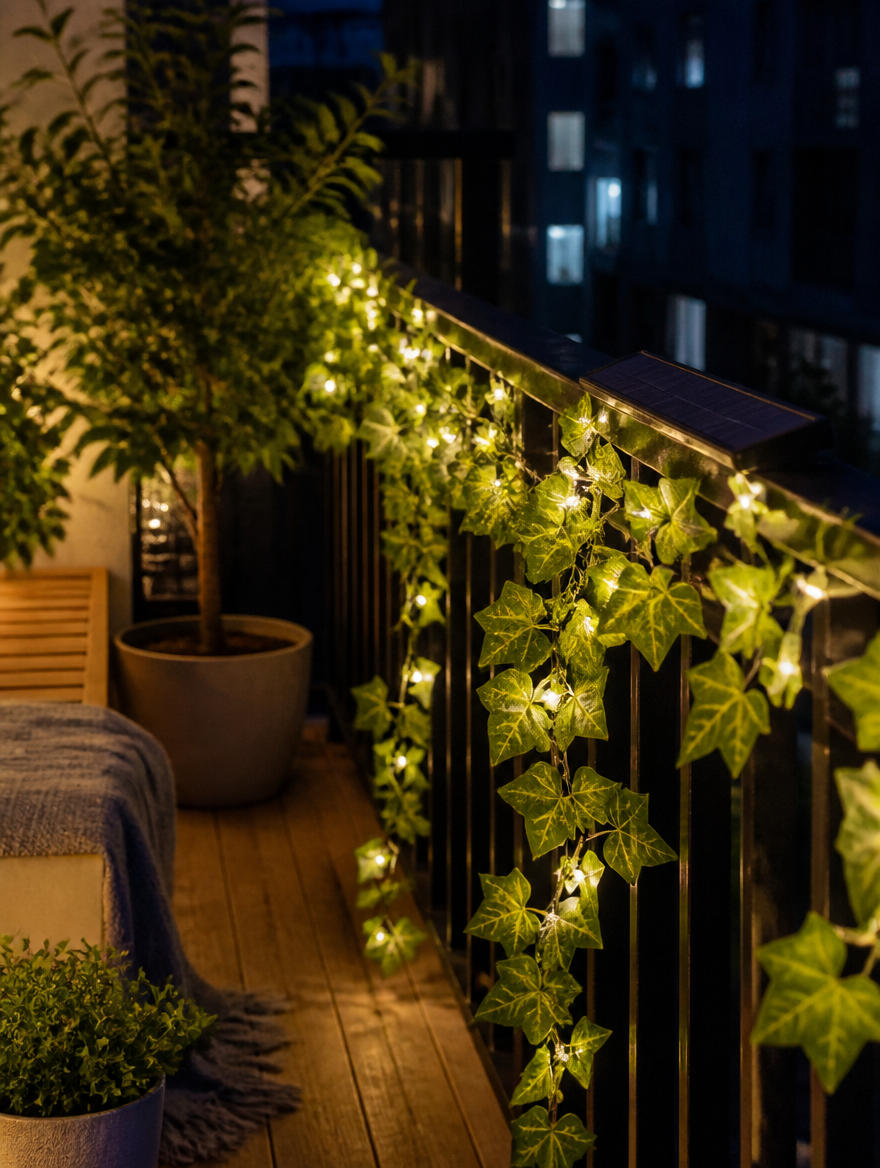 Ivy fairy lights on balcony railing