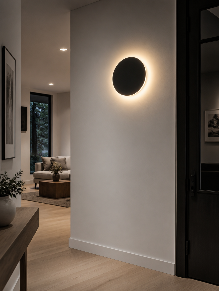 Minimalist round LED wall light in hallway