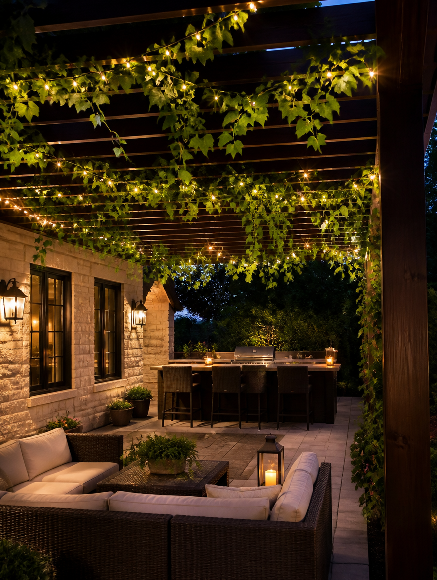 Ivy fairy lights on patio pergola