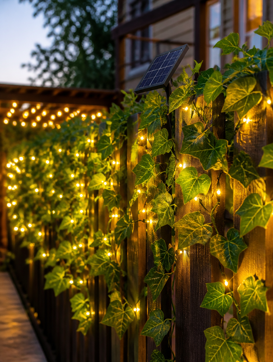Solar ivy fairy lights on garden fence