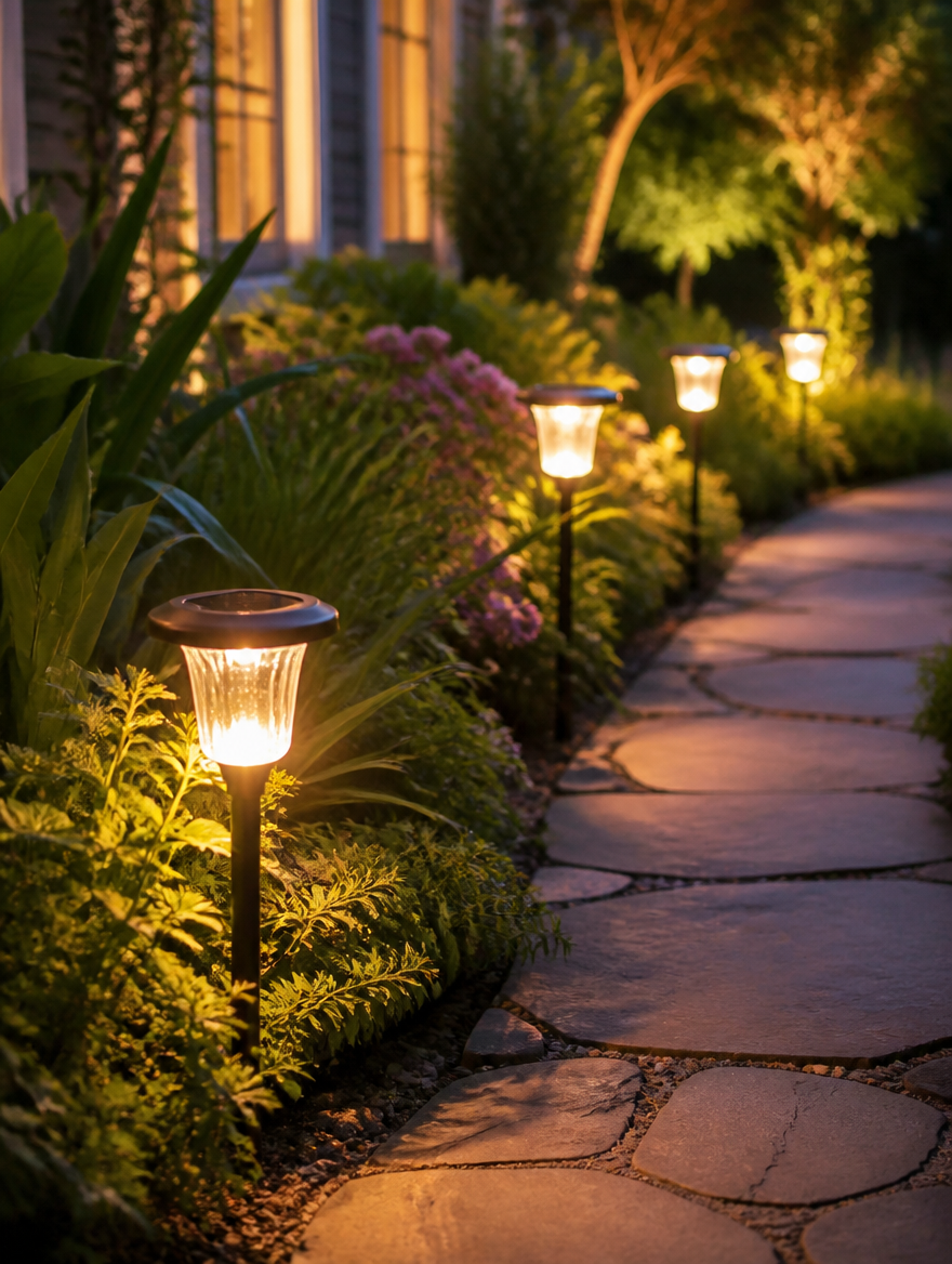 Solar garden stake lights along walkway