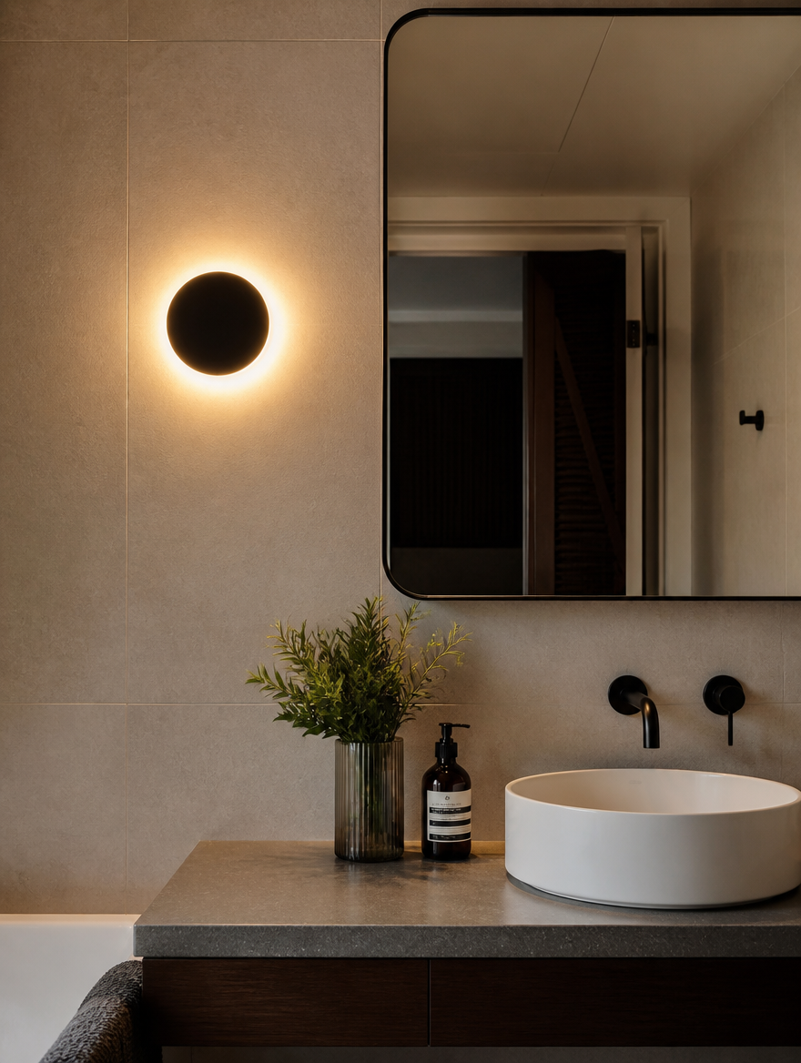Round LED wall sconce beside bathroom mirror