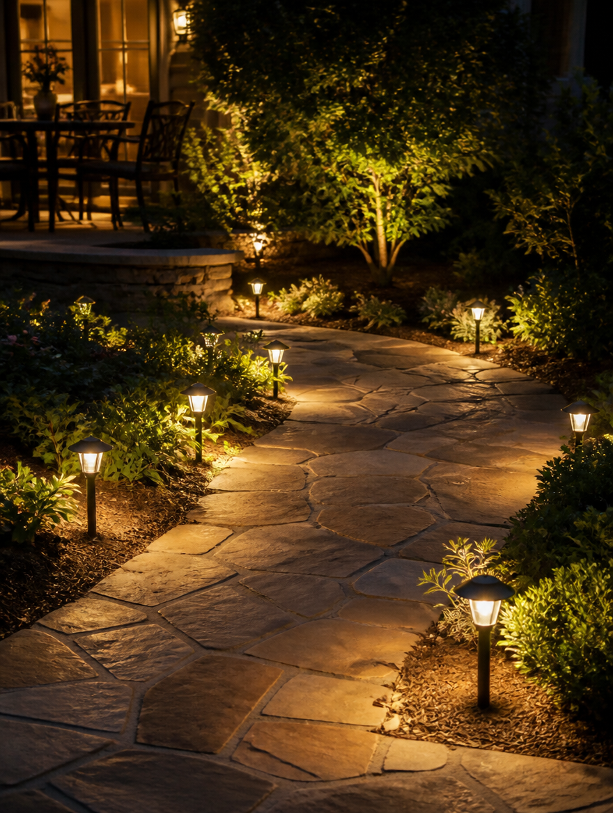 Solar LED lawn lights on garden pathway