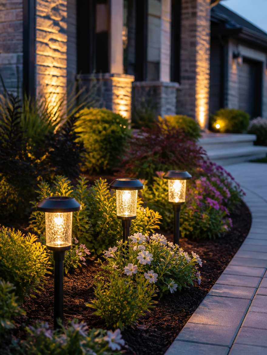Solar lawn lights in front yard flower bed