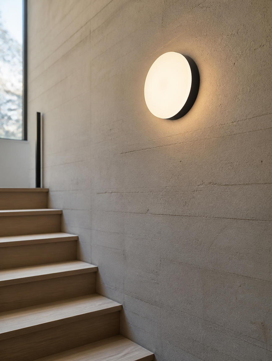 Nordic round wall light in stairwell
