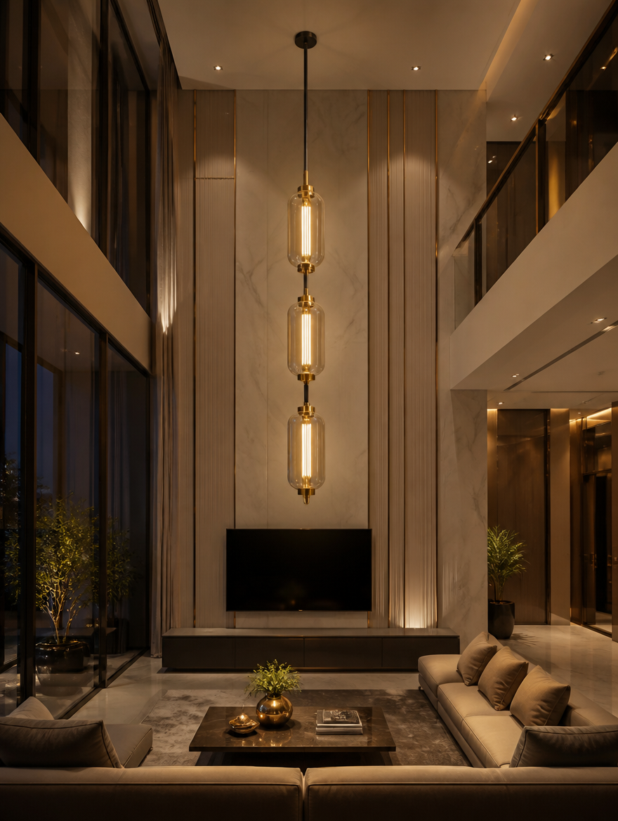 Pendant light in double-height living room