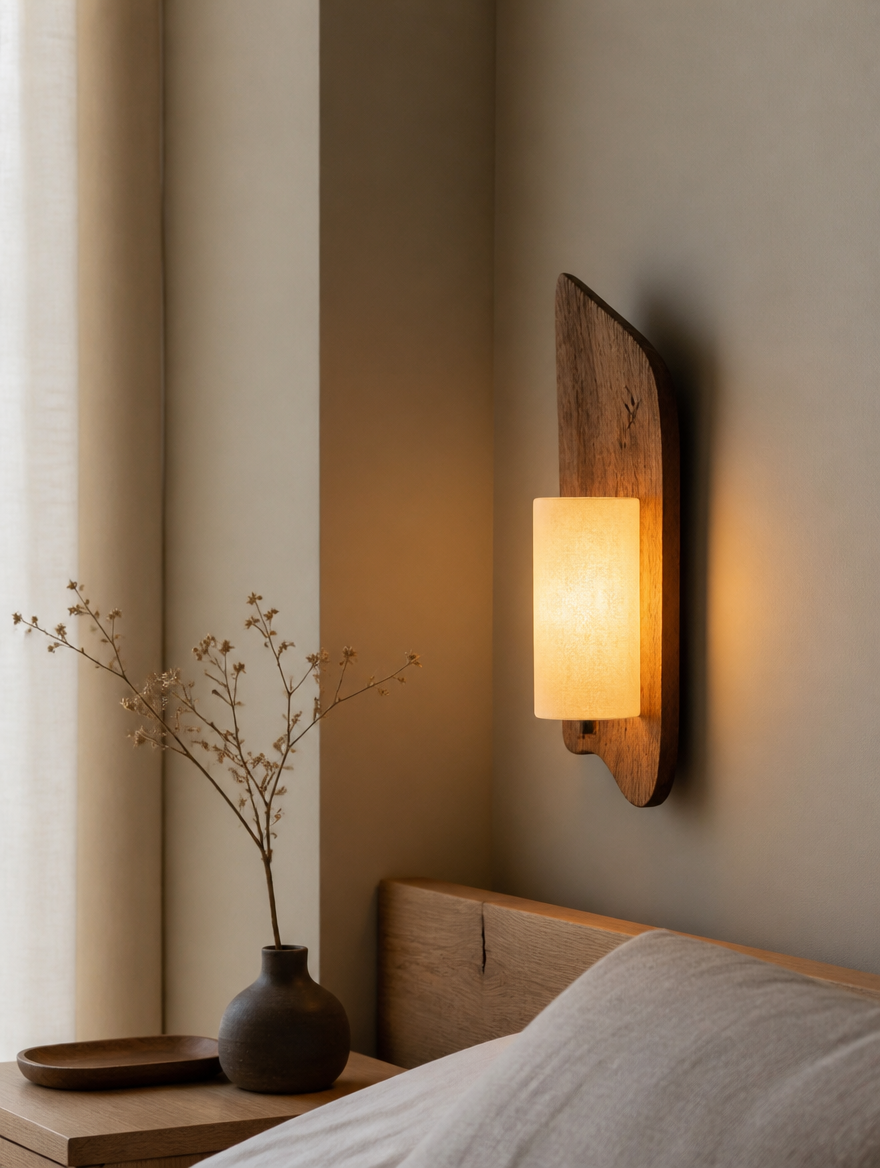 Wooden wabi sabi wall light beside bed