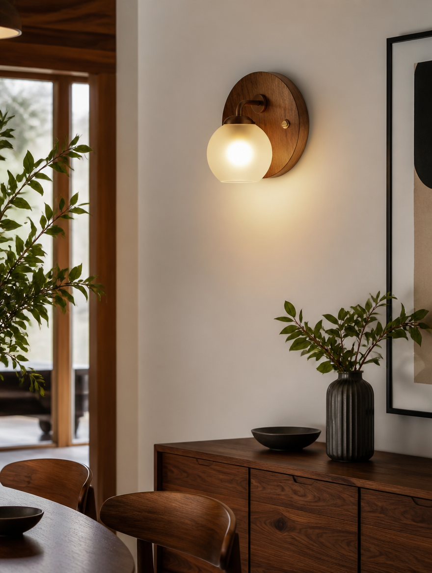 Walnut and glass globe sconce in dining area