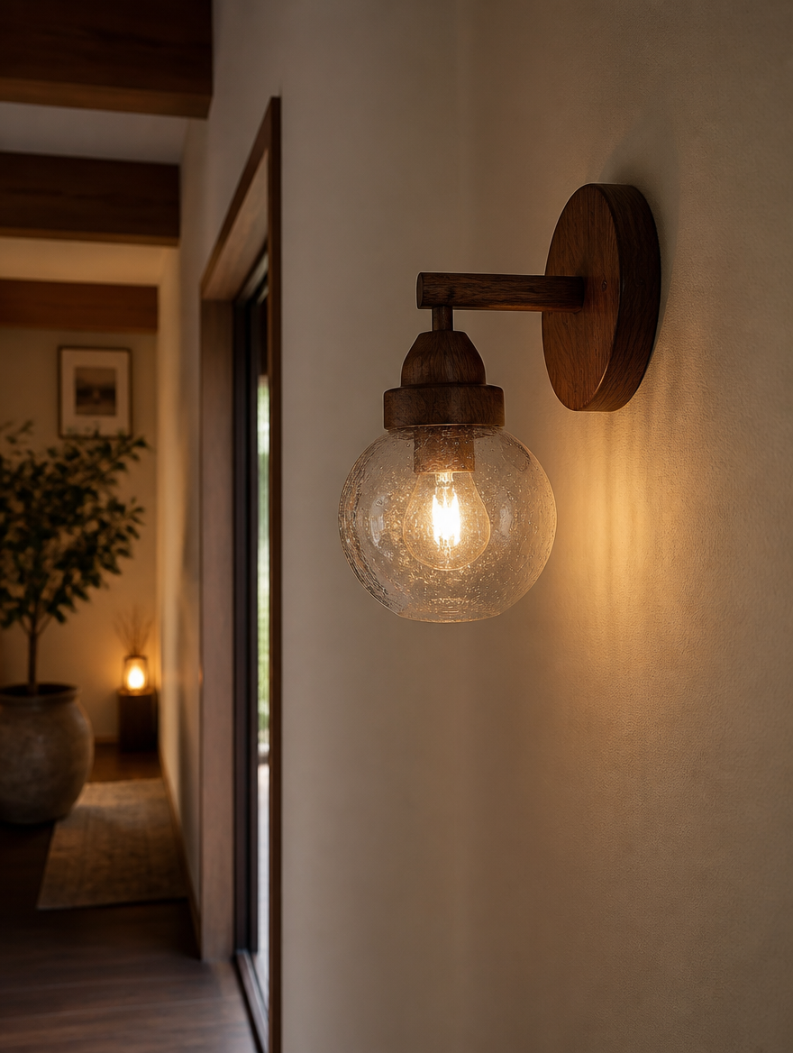 Walnut wood wall sconce in hallway