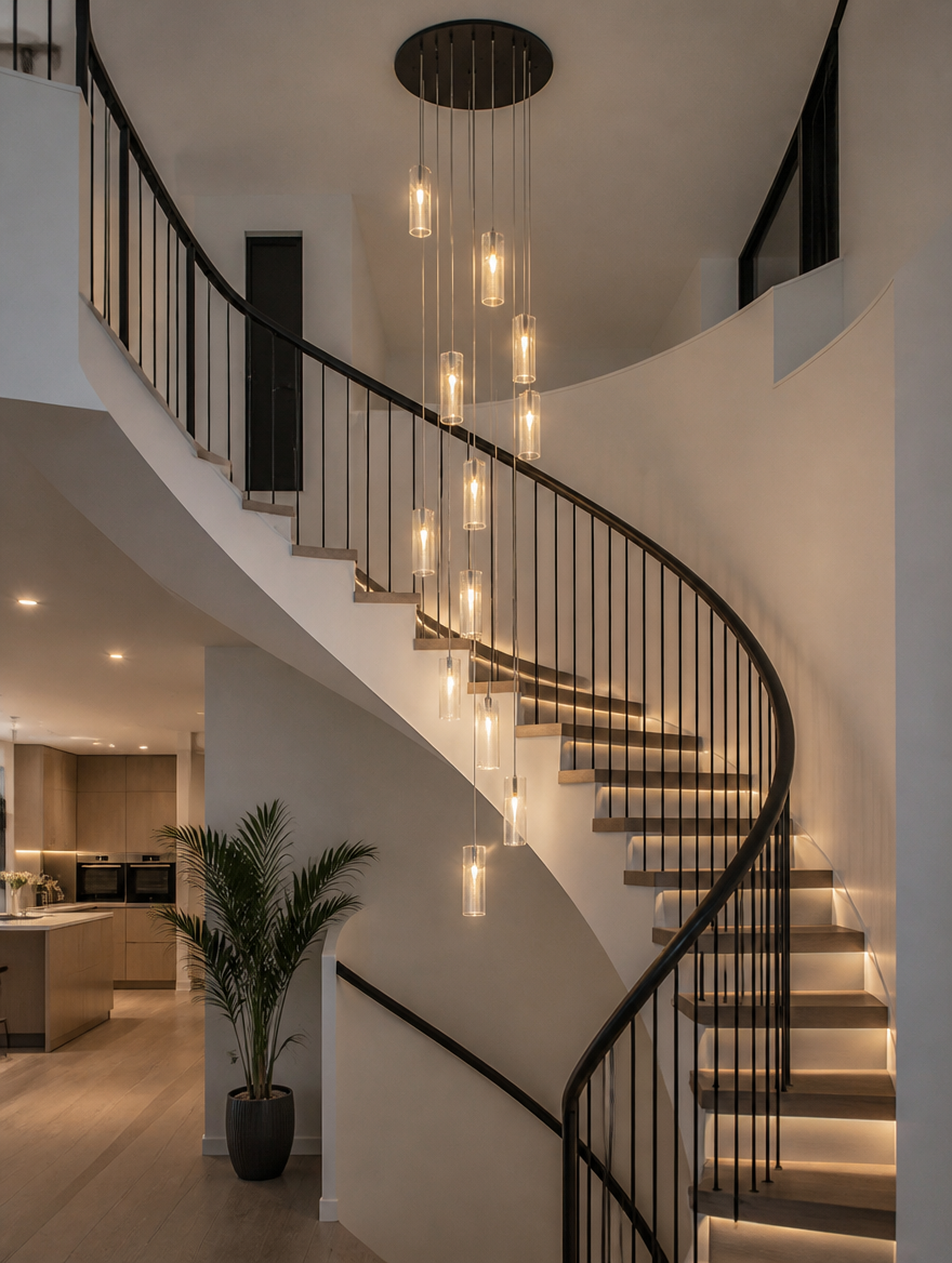 LED pendant light on spiral staircase
