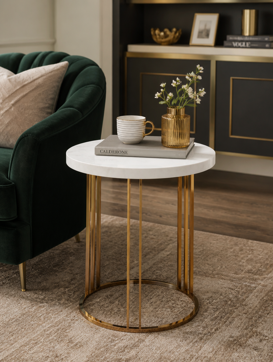 White marble side table in elegant living room