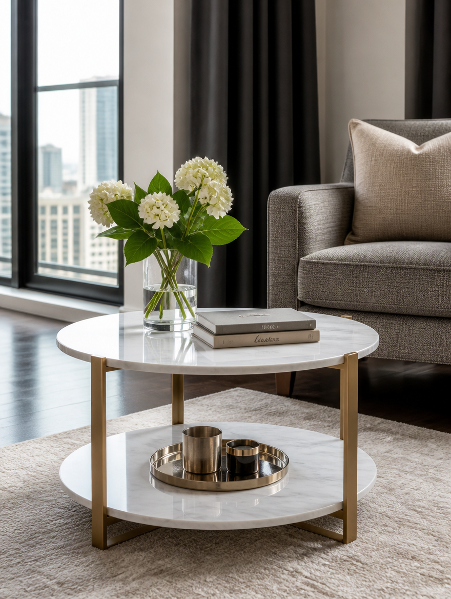 2-tier marble coffee table next to armchair