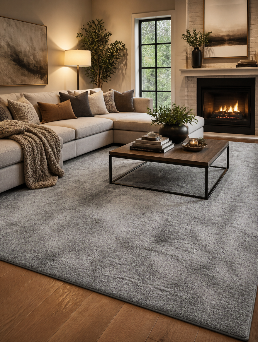 Gray plush rug in modern living room
