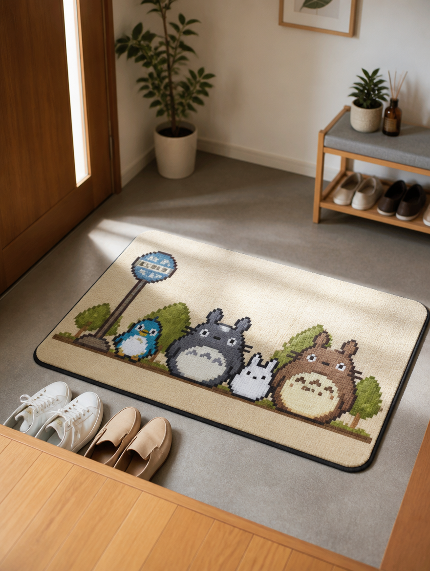 Japanese-style pixel floor mat at entryway