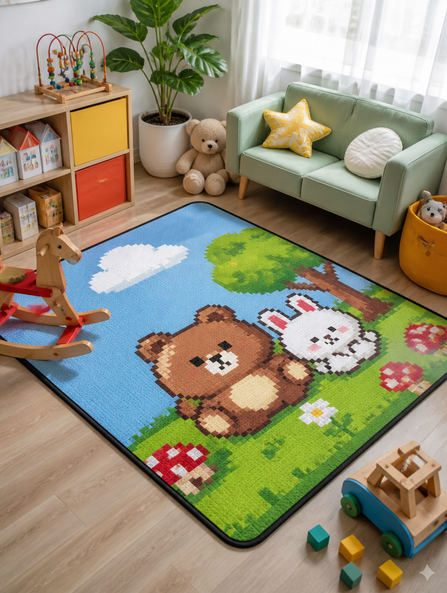 Pixel art floor mat in children's playroom