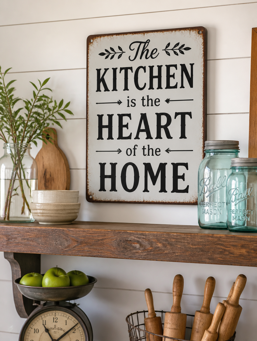 Kitchen metal sign on shiplap wall