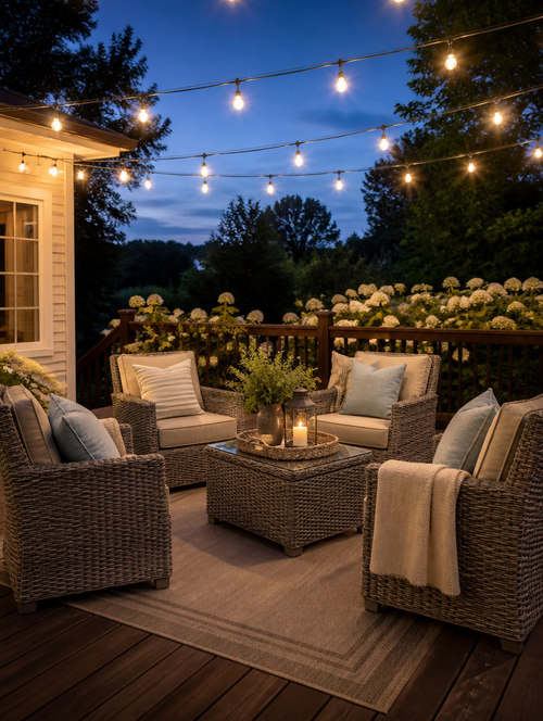 Wicker patio set on spacious deck
