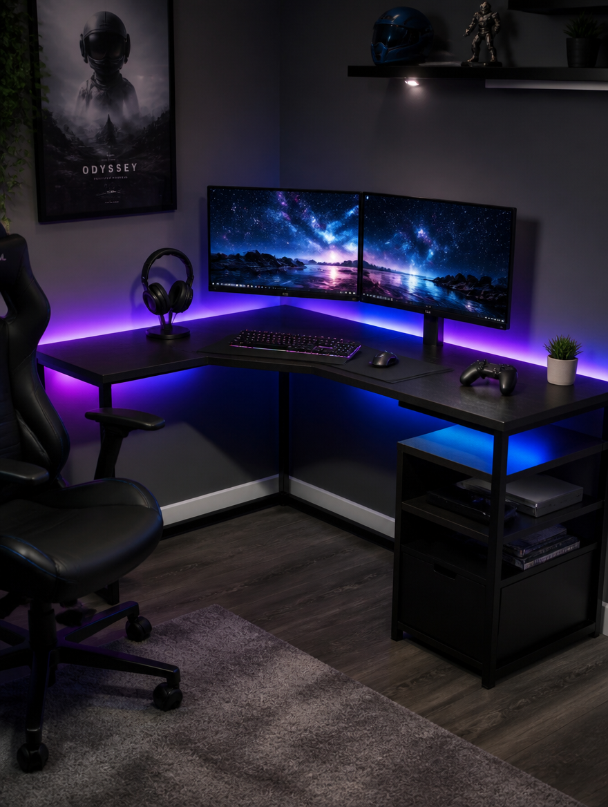 Gaming corner desk with LED lighting