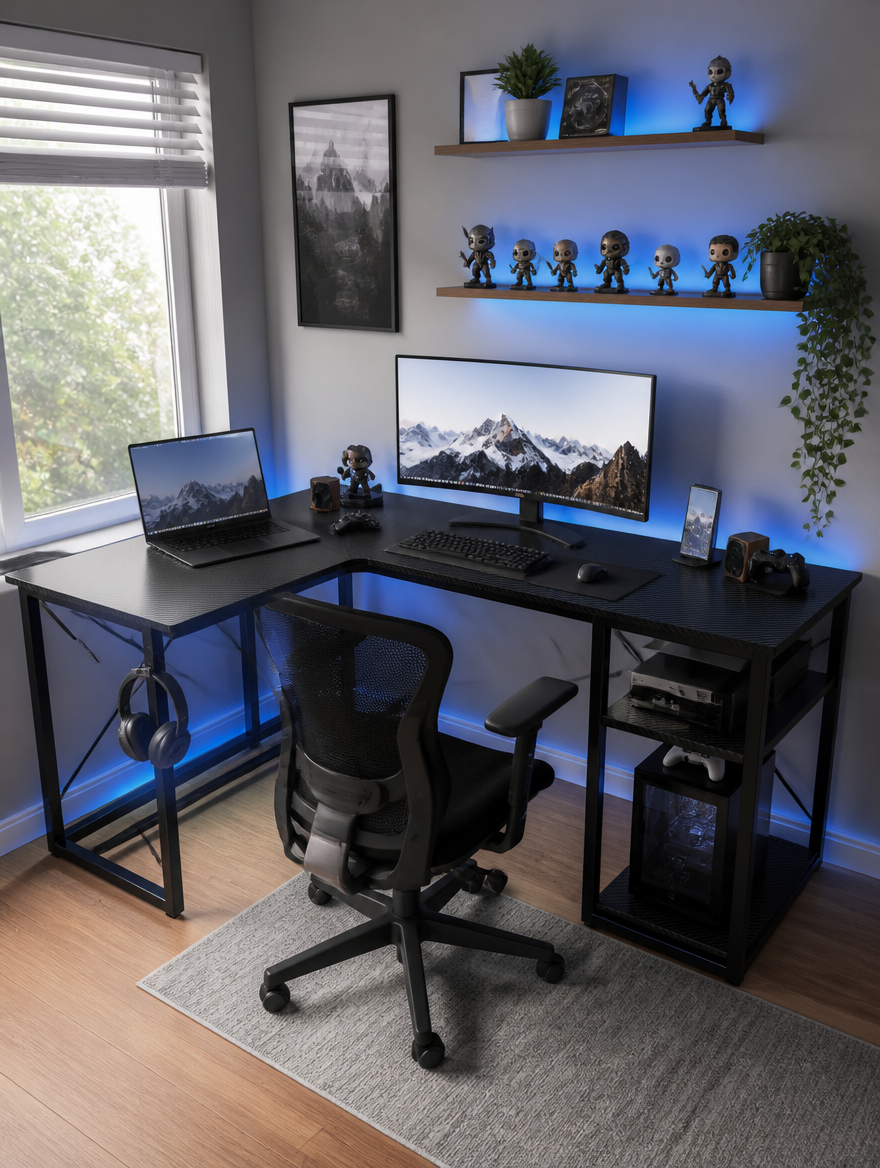 L-shaped gaming desk in home office