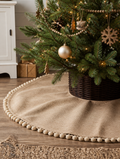 Christmas Tree Skirt Decoration Linen Burlap Xmas Pom Trim Fall Tree Skirt Foot Base Cover for Winter Holiday Family Party Decor