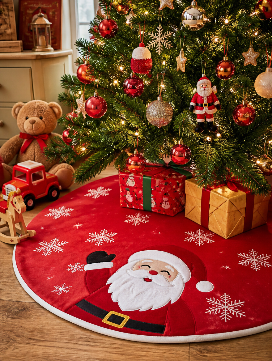 VIKAMA Red Christmas Theme Christmas Tree Skirt Snowflake Santa Print Christmas Tree Skirt Cushion Christmas Decoration