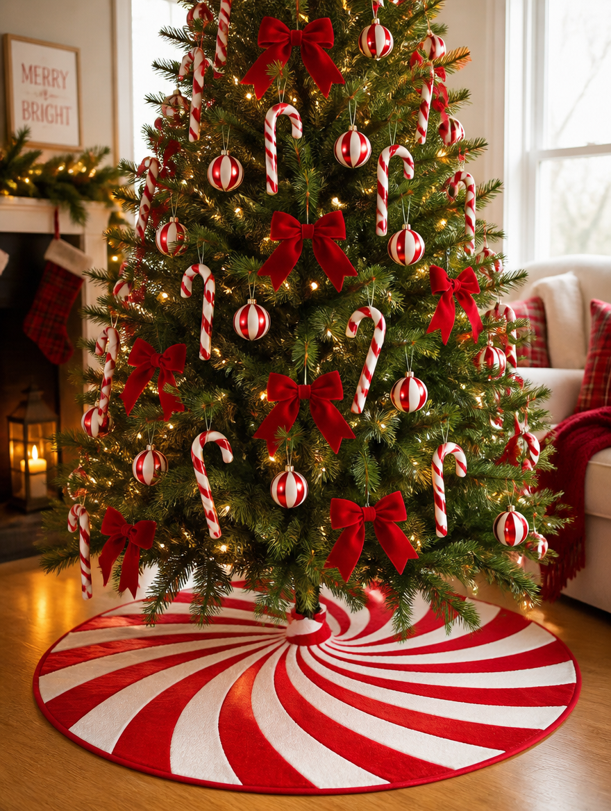 120cm Christmas Tree Skirt Classic Red White Peppermint Candy Xmas Trees Skirts Base Cover Home Party Christmas Decor Carpet