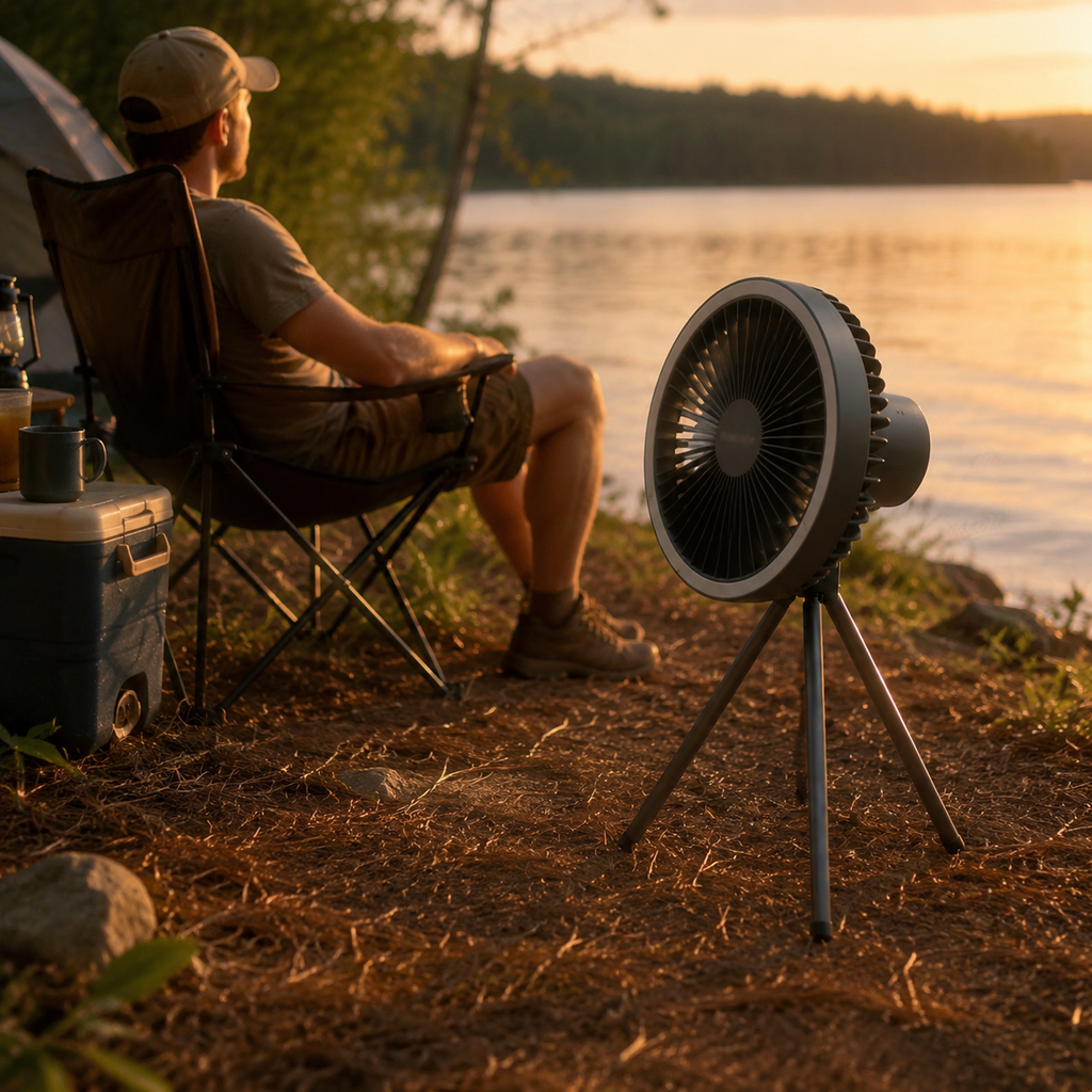 Rechargeable Camping Fan in use – WESTMERE lifestyle photo