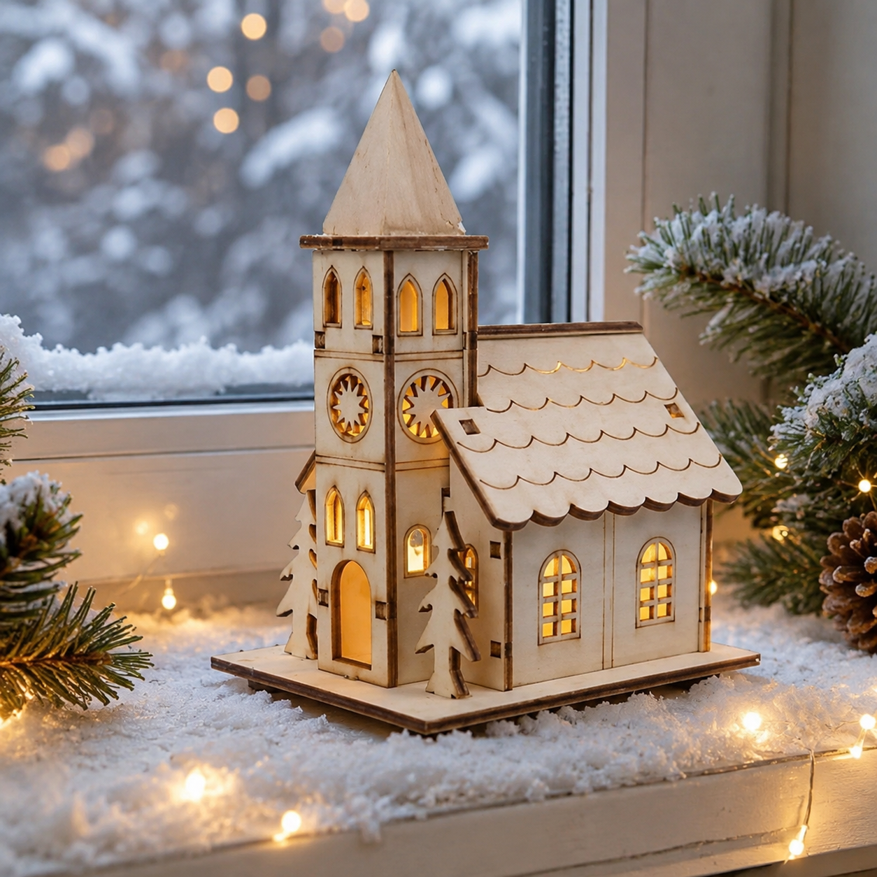 Festival Led Light Wood House Christmas Tree Decorations for Home Decoration Wooden House DIY Gift Window Decoration shown in a realistic lifestyle setting