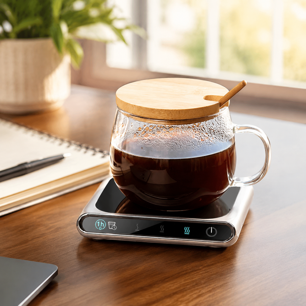 USB Potable Coffee Mug Cup Warmer for Office Desk Use Home Office Smart Electric Beverage Warmer with 3 Temperature Settings shown in a realistic lifestyle setting