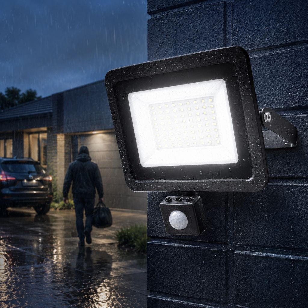 Waterproof Motion-Sensor Outdoor LED Floodlight in use – WESTMERE lifestyle photo