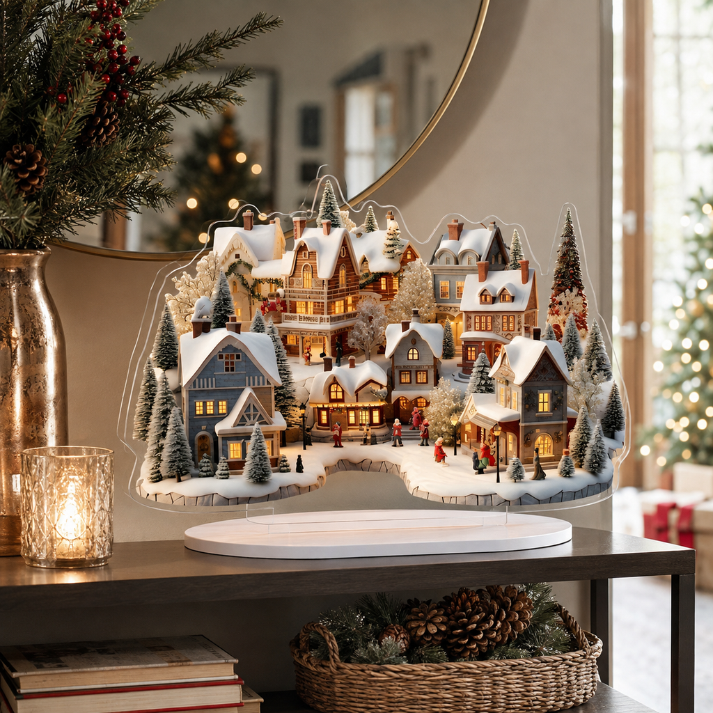2D Winter Wonderland Acrylic Christmas Village Decor Snow House Snowman Warm Family Office Charming Holiday Party Decora Gifts shown in a realistic lifestyle setting
