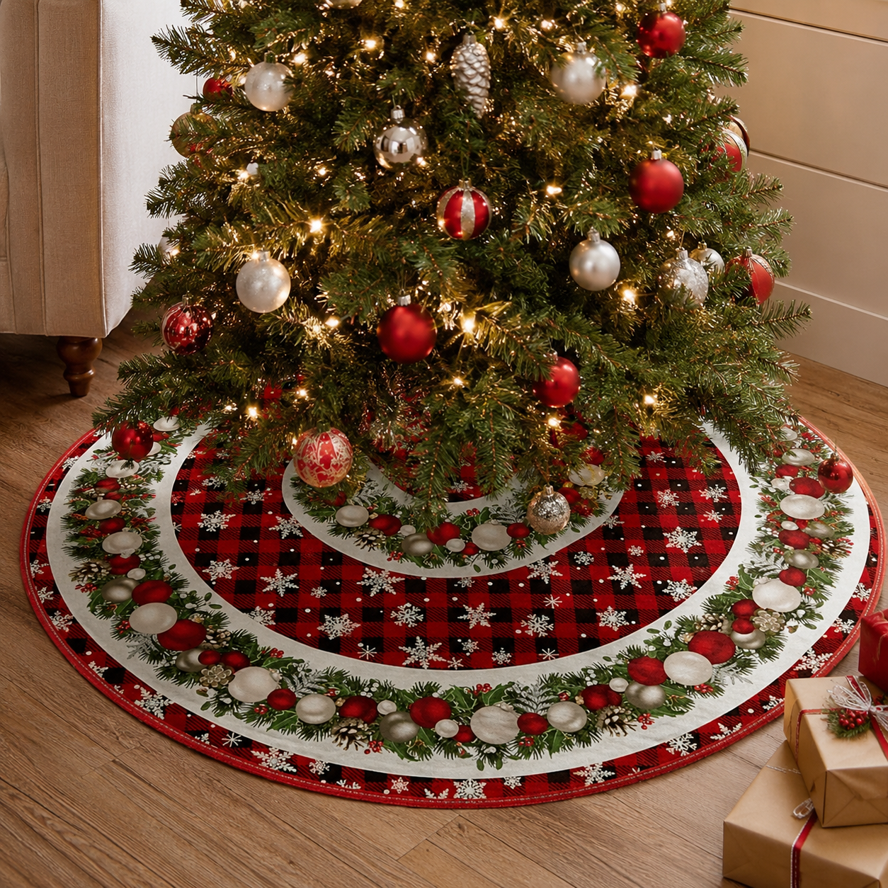 VIKAMA Christmas Tree Skirt Christmas Ambiance Divine Red And Black Checkered Snowflake Christmas Tree Skirt Cushion shown in a realistic lifestyle setting
