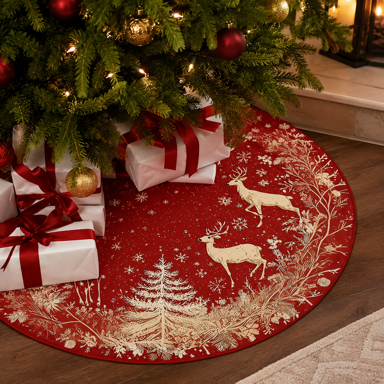 VIKAMA Christmas Tree Skirt Christmas Red And Gold Color Matching Deer Snow Christmas Tree Skirt Cushion Christmas Decoration shown in a realistic lifestyle setting