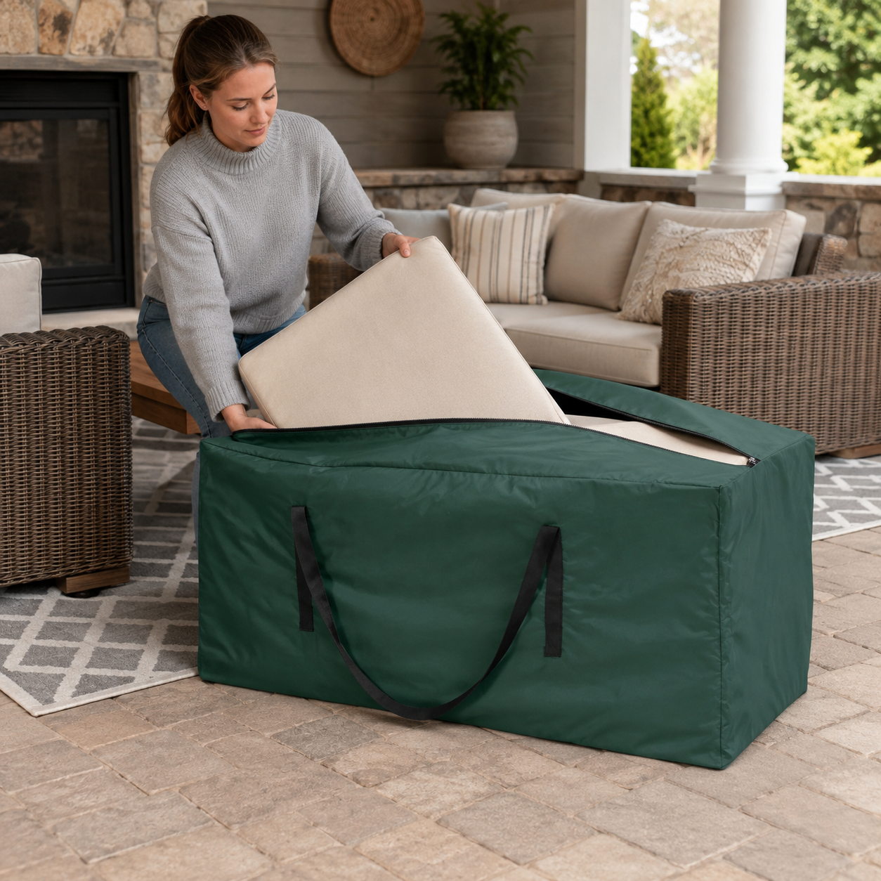Cushion Storage Bag Large Capacity Furniture Protective Cover Outdoor Garden Waterproof Dustproof Christmas Tree Organizer New shown in a realistic lifestyle setting