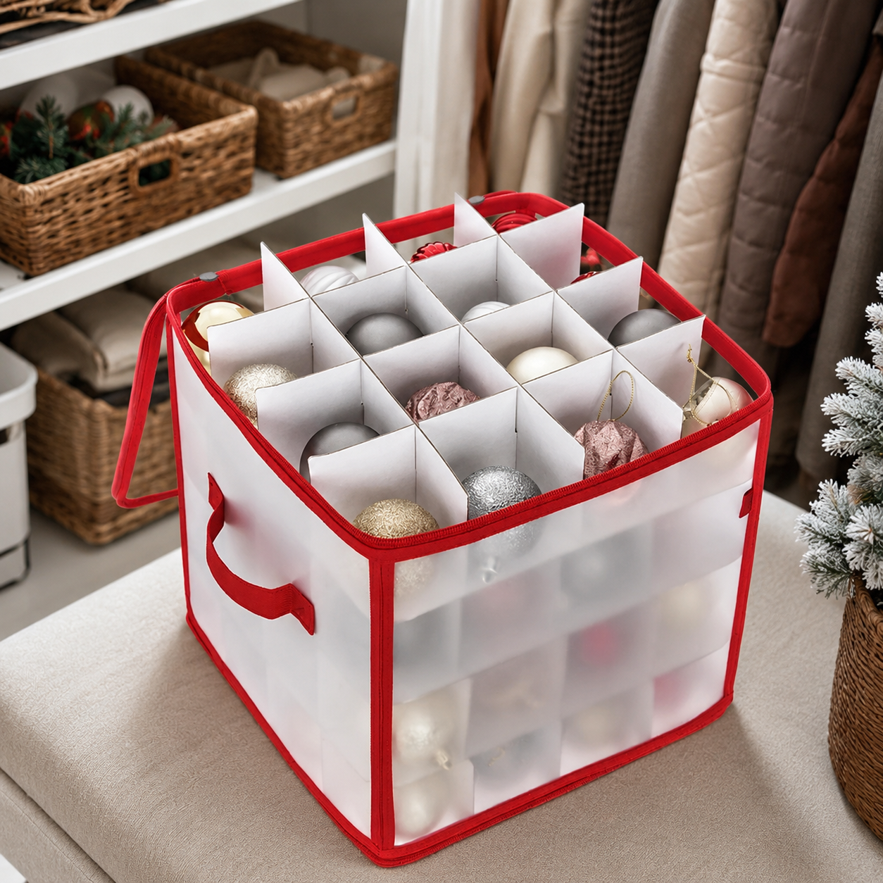 64-Grid Baubles Storage Box Christmas Balls Storage Xmas Tree Decorations Organizer Bauble Storage Divider Toys Storage Box shown in a realistic lifestyle setting