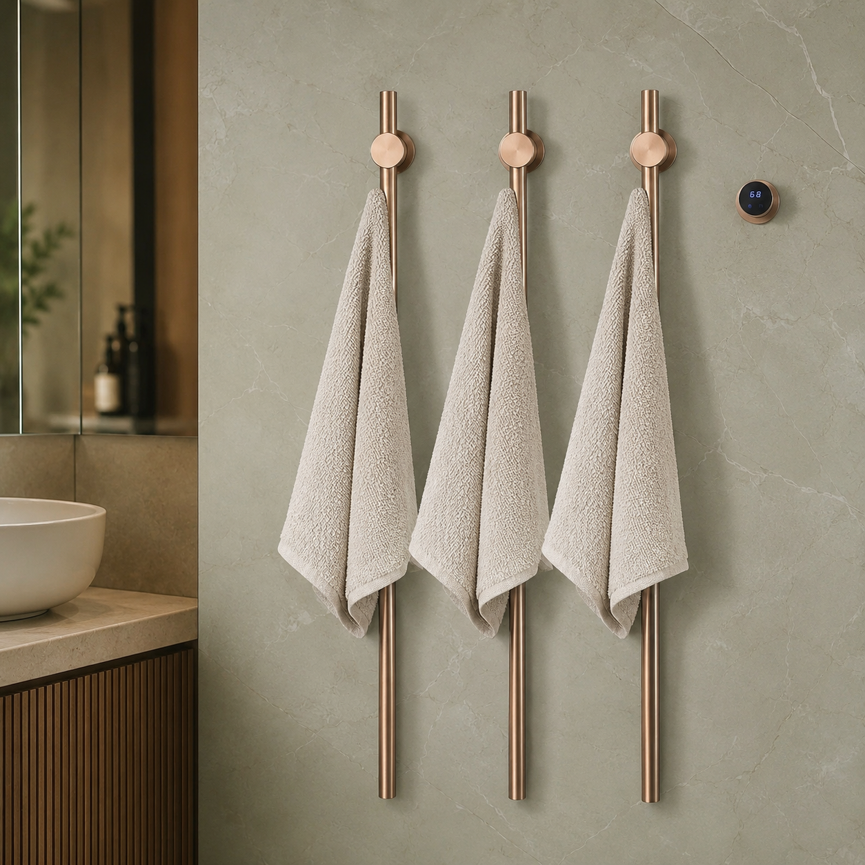Gray Vertical Heated Towel Rail for Large Towels & Bathrobes, Hidden Wiring Bathroom Towel Rack with Temp & Time Control shown in a realistic lifestyle setting