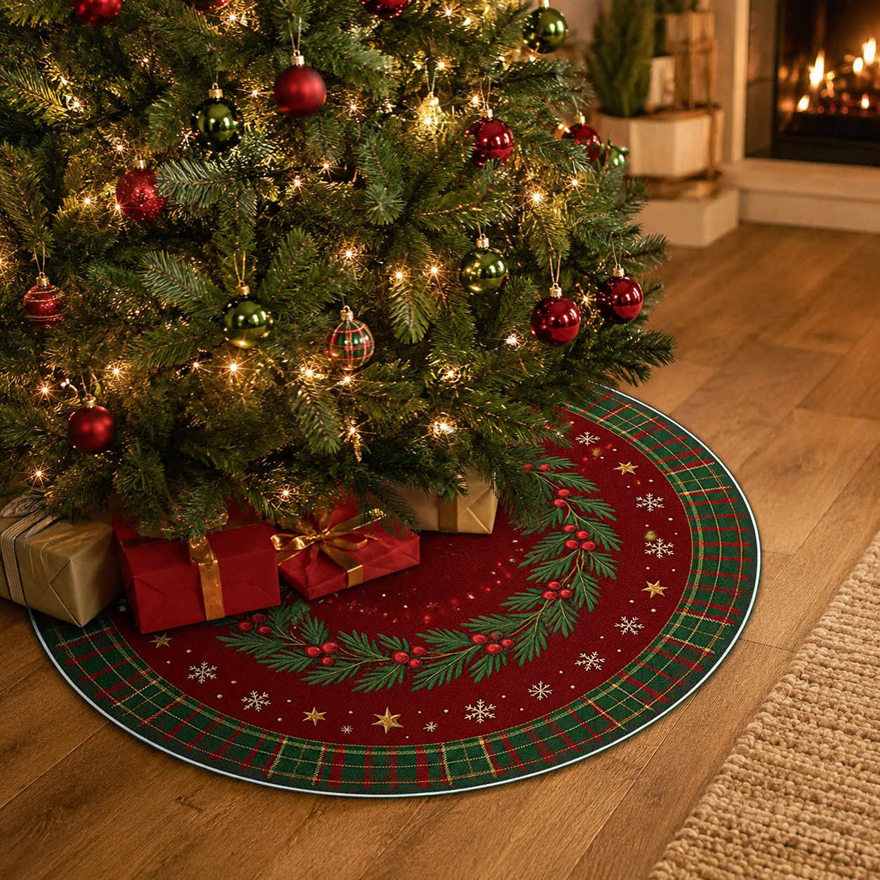 VIKAMA American Vintage Plaid Christmas Tree Skirt Red Holly Berry Snowflake Pattern Christmas Tree Skirt Christmas Decoration shown in a realistic lifestyle setting
