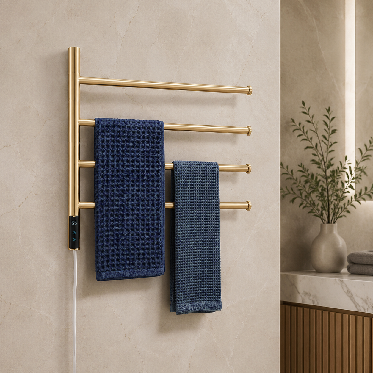 Bathroom Accessories Smart Electric Towel Rail Brushed Gold Stainless Steel Towel Warmer Touch Control Heated Towel Rack shown in a realistic lifestyle setting